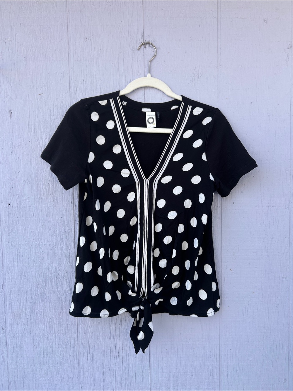 Anthropologie Black & White Polka Dot V-Neck Tie-Front Tee